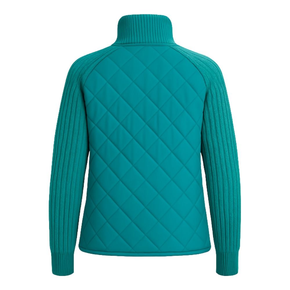 Women’s teal Merino wool hybrid bomber jacket by Les Odettes, front view showing cozy collar and stylish design.