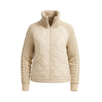 Women’s khaki Merino wool hybrid jacket by Les Odettes, quilted design with knit sleeves, front view showcasing stylish layering.