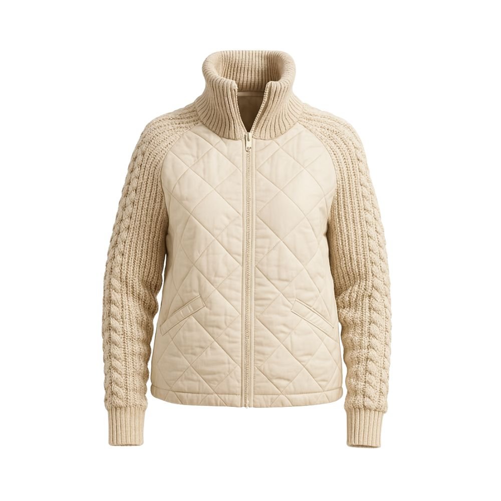 Women’s khaki Merino wool hybrid jacket by Les Odettes, quilted design with knit sleeves, front view showcasing stylish layering.