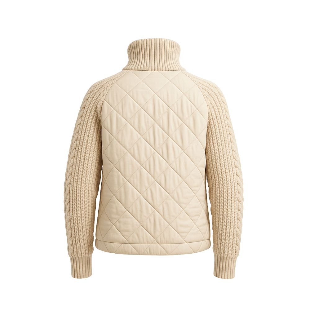 Women's khaki Merino wool hybrid jacket by Les Odettes, quilted design with knit sleeves, front view.