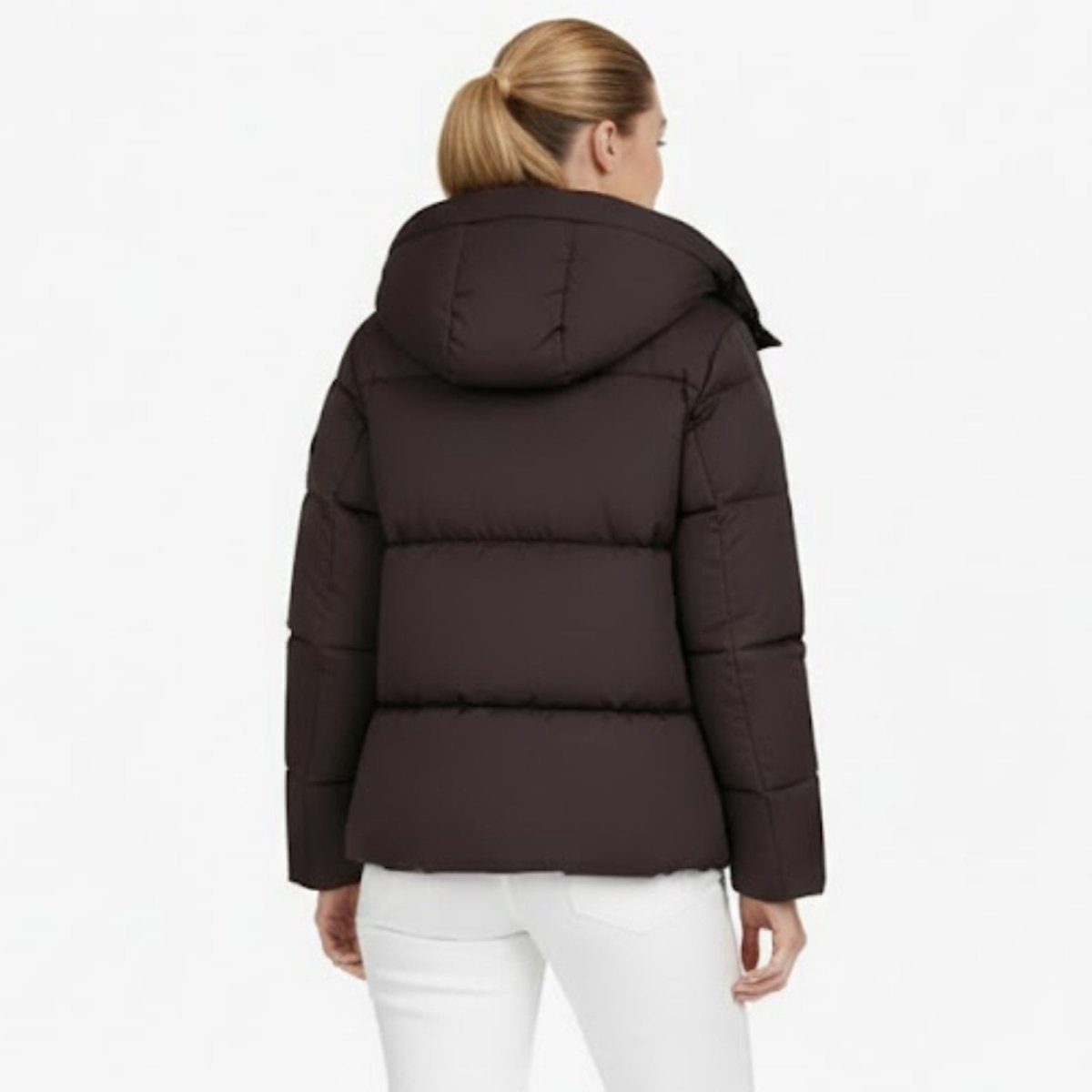 Back view of Les Odettes women’s espresso brown short puffer jacket, stylish outerwear for women.