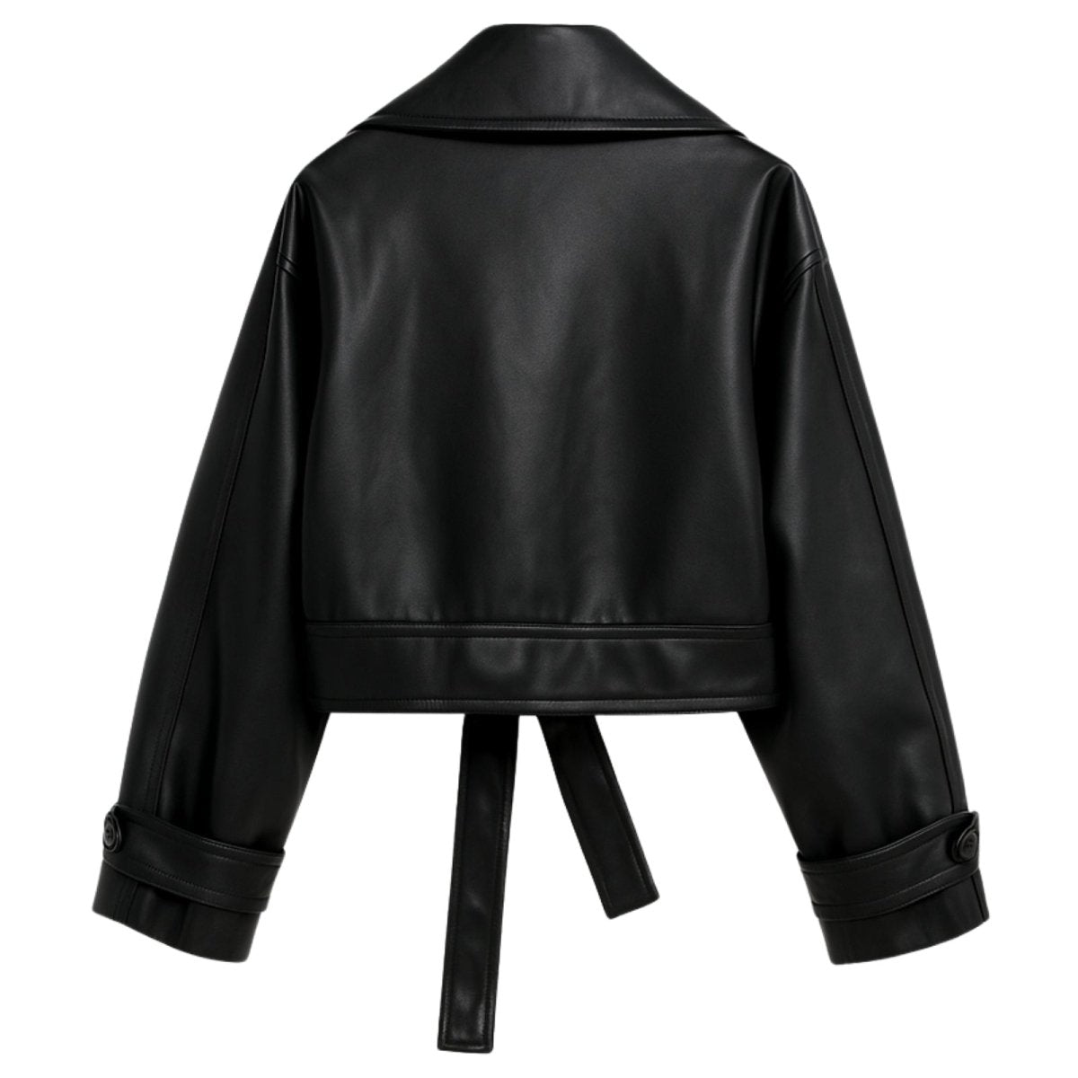 Black women's vegan leather moto jacket by Les Odettes, shown from the back with stylish stitched design and classic moto silhouette.