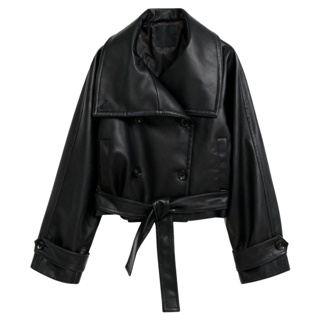 Black women’s vegan leather moto jacket by Les Odettes, featuring a stylish front view with classic moto jacket details.