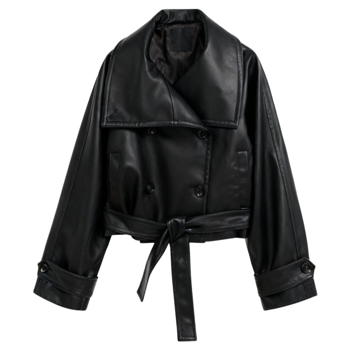 Black women’s vegan leather moto jacket by Les Odettes, featuring a stylish front view with classic moto jacket details.