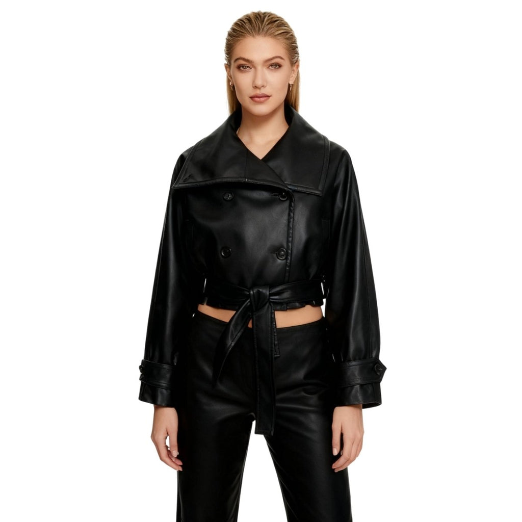 Women’s black vegan leather cropped trench jacket by Les Odettes, featuring a stylish fitted design and classic trench details.