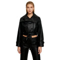 Women’s black vegan leather cropped trench jacket by Les Odettes, featuring a stylish fitted design and classic trench details.