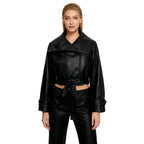 Women’s black vegan leather cropped trench jacket by Les Odettes, featuring a stylish fitted design and classic trench details.