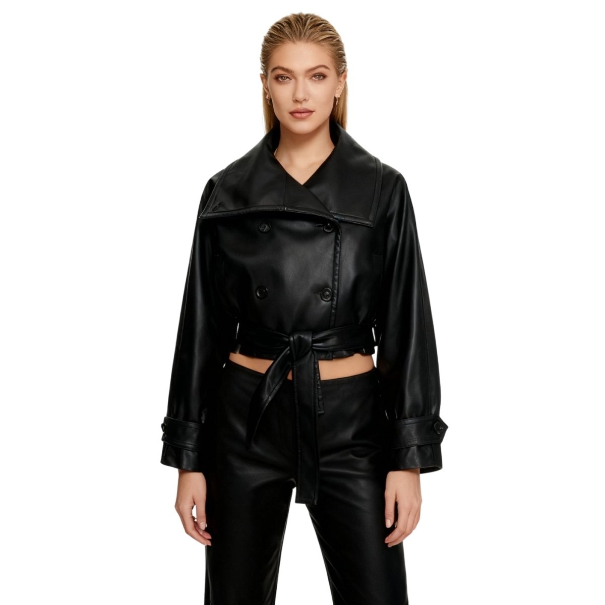 Women’s black vegan leather cropped trench jacket by Les Odettes, featuring a stylish fitted design and classic trench details.