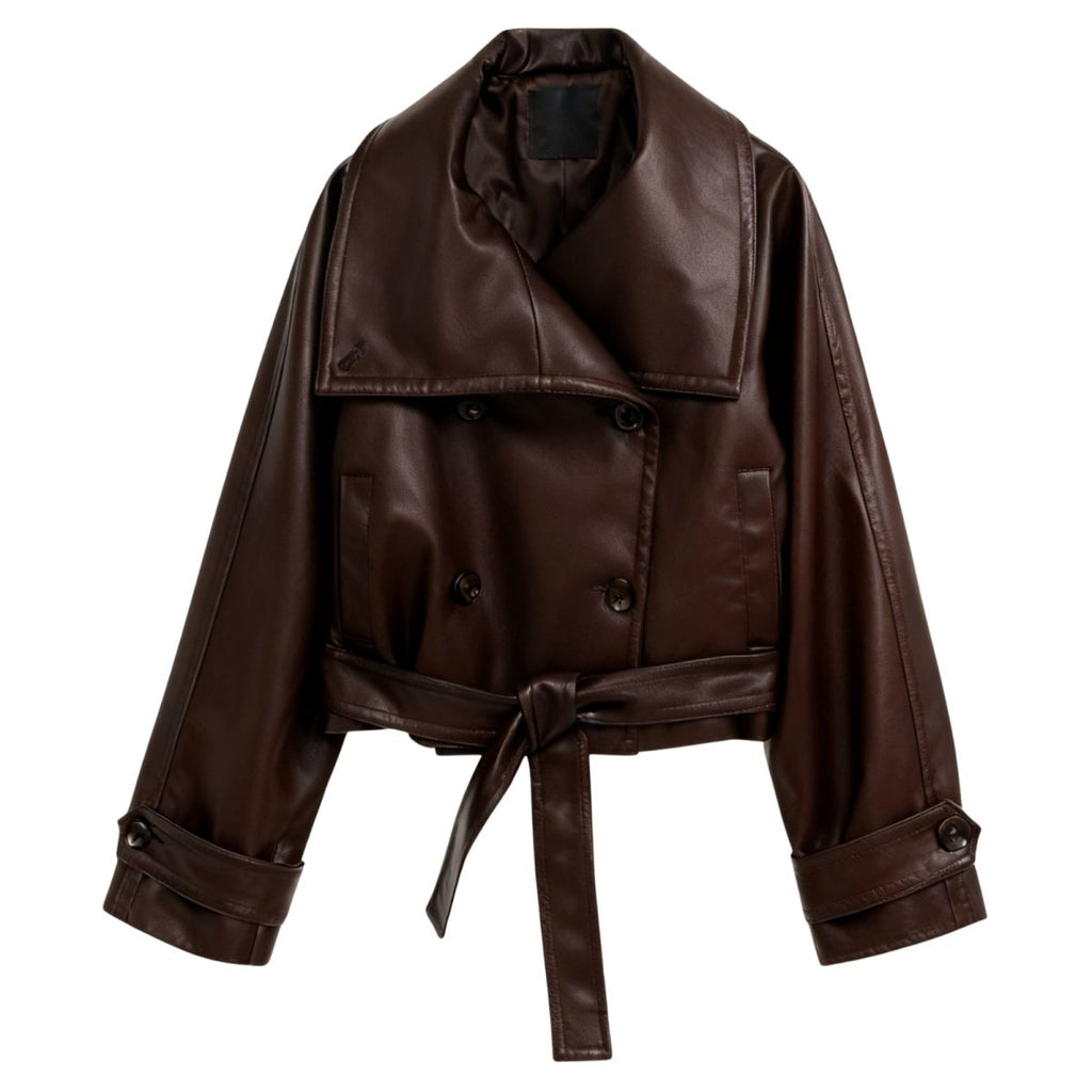 Women’s dark brown vegan leather moto jacket by Les Odettes, cropped front view showing classic moto style and textured leather finish.