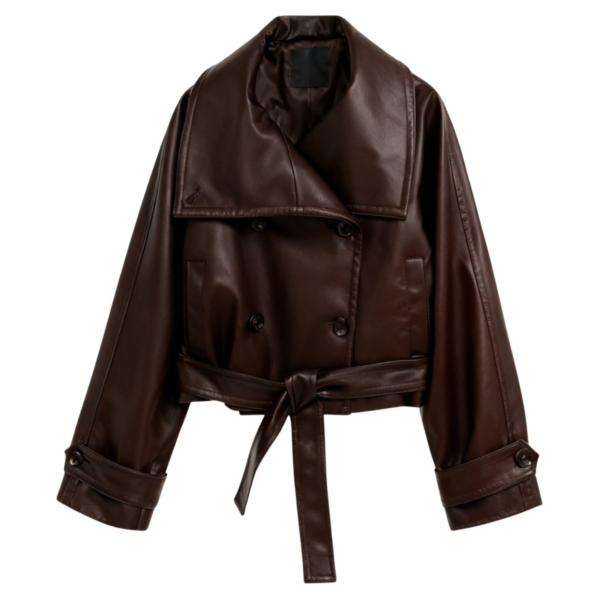Women’s dark brown vegan leather moto jacket by Les Odettes, cropped front view showing classic moto style and textured leather finish.