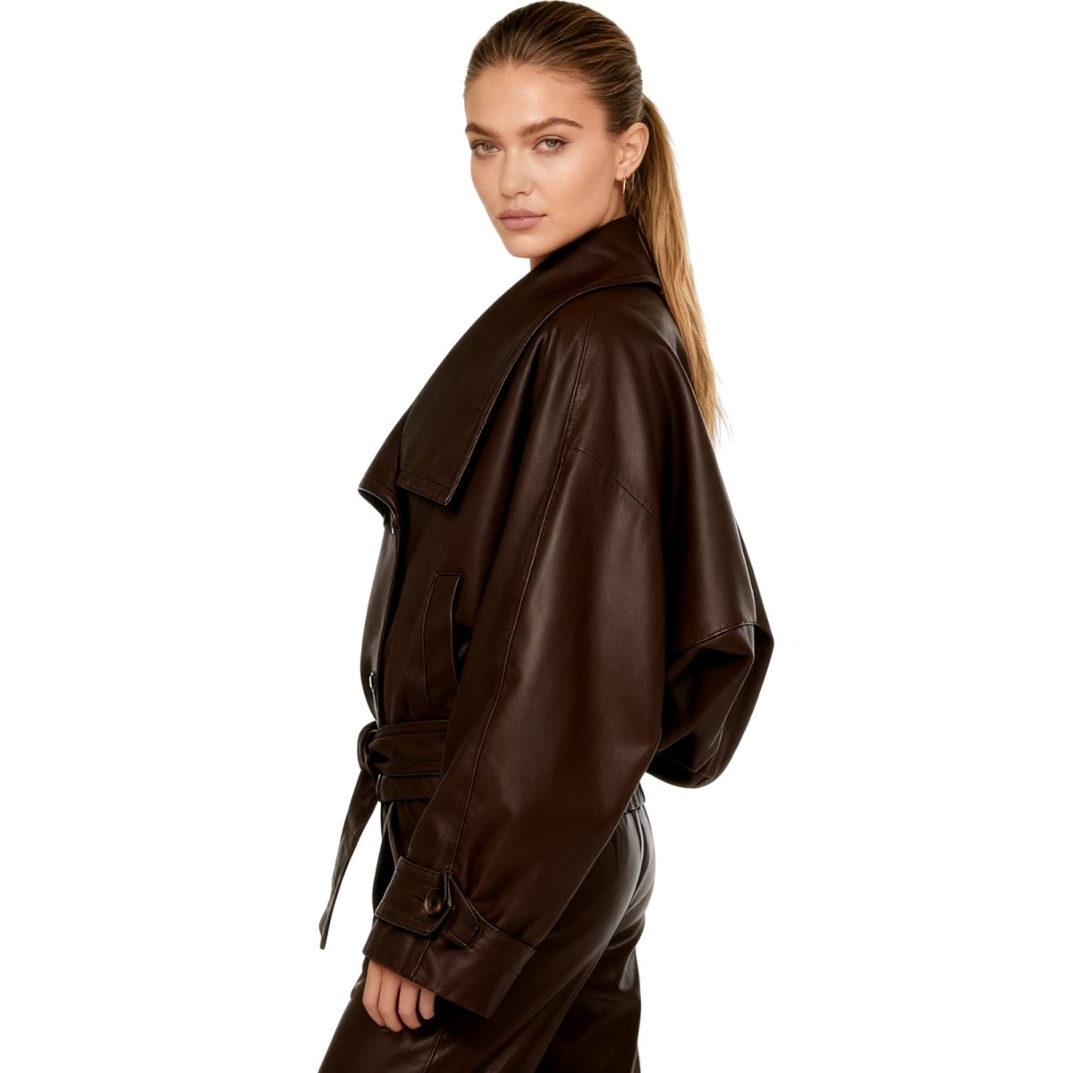 Women’s vegan leather cropped trench jacket by Les Odettes, shown from side view with classic collar and fitted silhouette.
