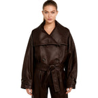 Women’s vegan leather cropped trench jacket by Les Odettes, featuring a stylish tailored fit and classic trench design.