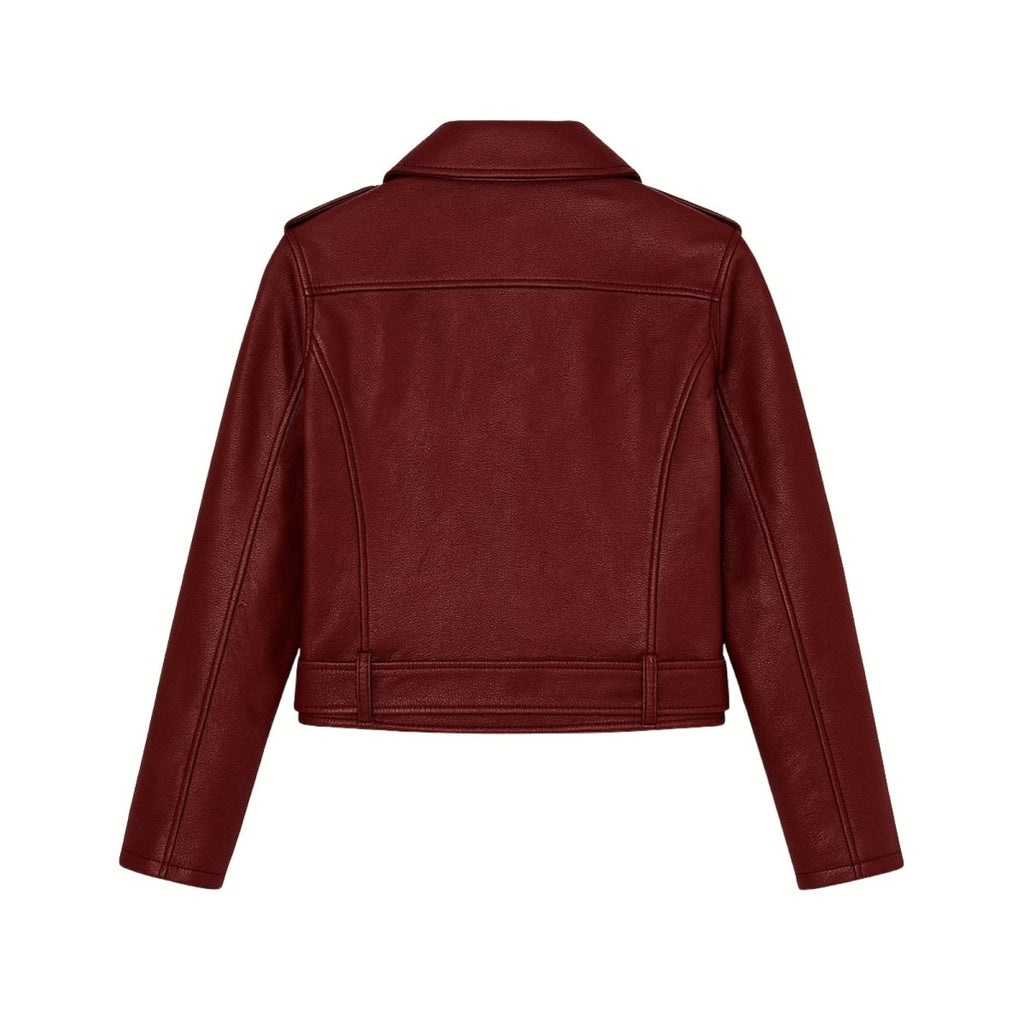 Women’s burgundy vegan leather moto jacket by Les Odettes, shown flatlay from the back, featuring classic moto style and detailing.