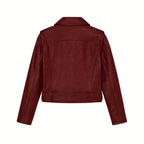 Women’s burgundy vegan leather moto jacket by Les Odettes, shown flatlay from the back, featuring classic moto style and detailing.