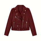 Women’s burgundy vegan leather moto jacket by Les Odettes, flat lay showing front design and sleek style.