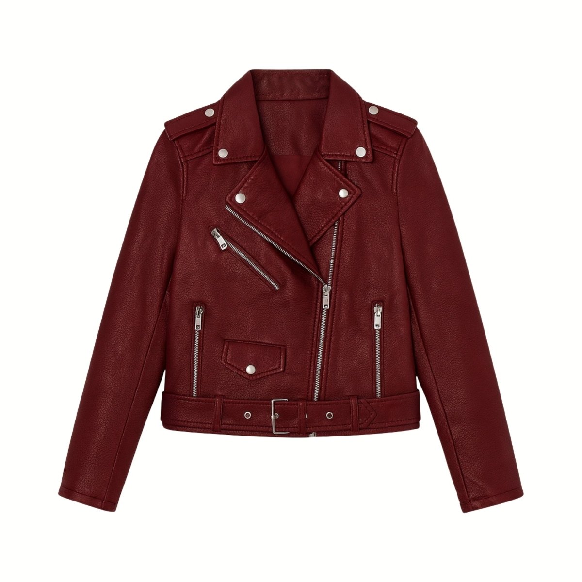 Women’s burgundy vegan leather moto jacket by Les Odettes, flat lay showing front design and sleek style.