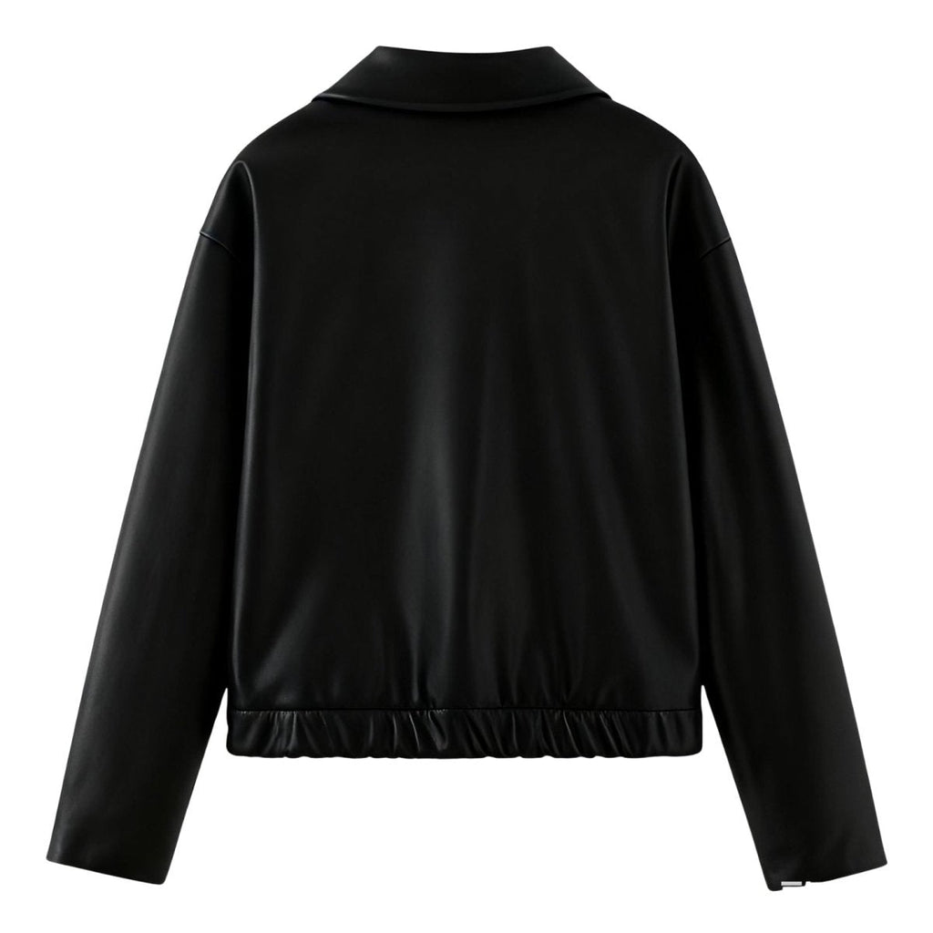 Back view of Les Odettes women's black vegan leather cropped bomber jacket, showcasing its sleek design and fitted silhouette.
