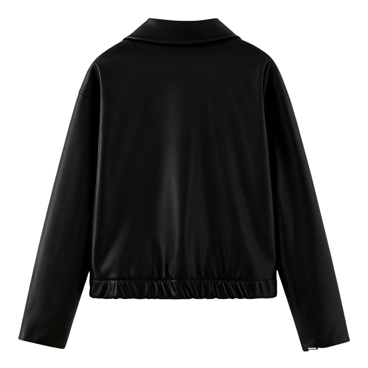 Back view of Les Odettes women's black vegan leather cropped bomber jacket, showcasing its sleek design and fitted silhouette.
