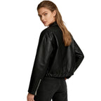 Back view of Les Odettes women's black vegan leather cropped bomber jacket, stylish jackets for women, with a sleek fit and modern design.