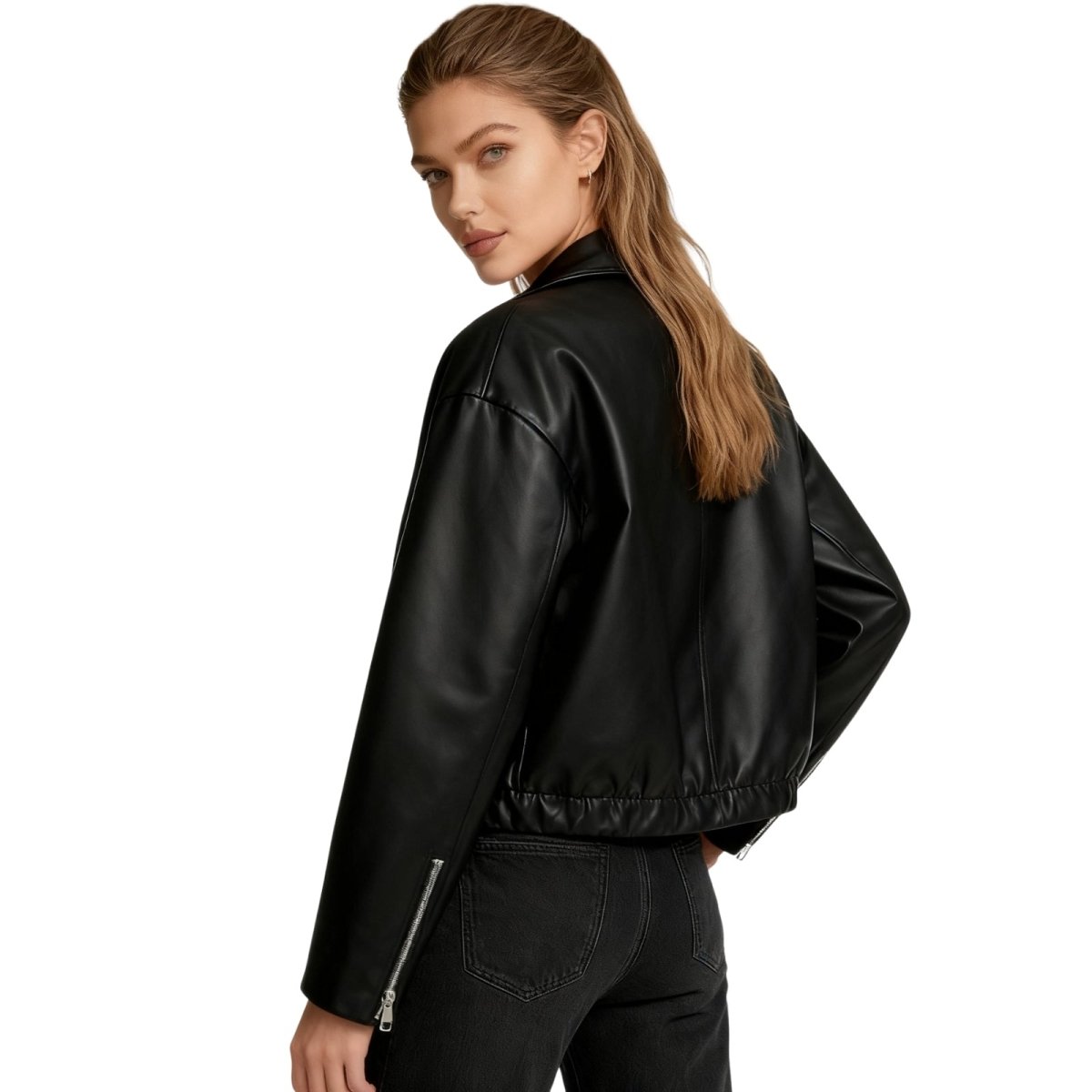 Back view of Les Odettes women's black vegan leather cropped bomber jacket, stylish jackets for women, with a sleek fit and modern design.