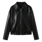 Black women's vegan leather jacket by Les Odettes, cropped bomber style with front view, stylish and modern outerwear.