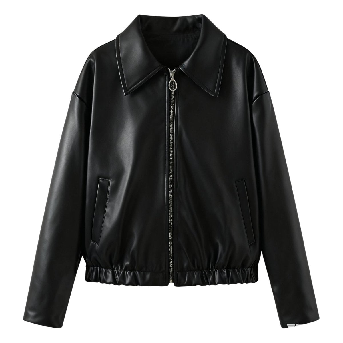 Black women's vegan leather jacket by Les Odettes, cropped bomber style with front view, stylish and modern outerwear.