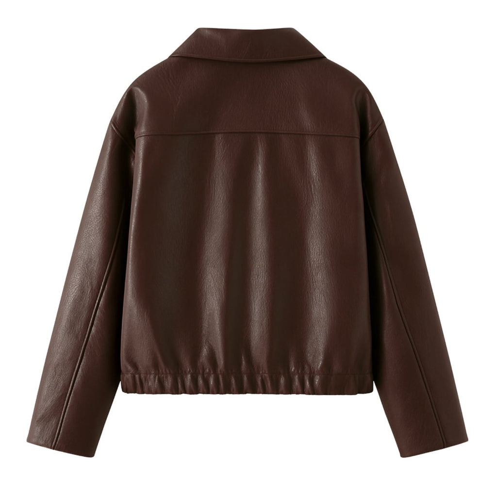 Back view of Les Odettes women's burgundy vegan leather bomber jacket with a smooth finish and classic design.