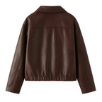 Back view of Les Odettes women's burgundy vegan leather bomber jacket with a smooth finish and classic design.