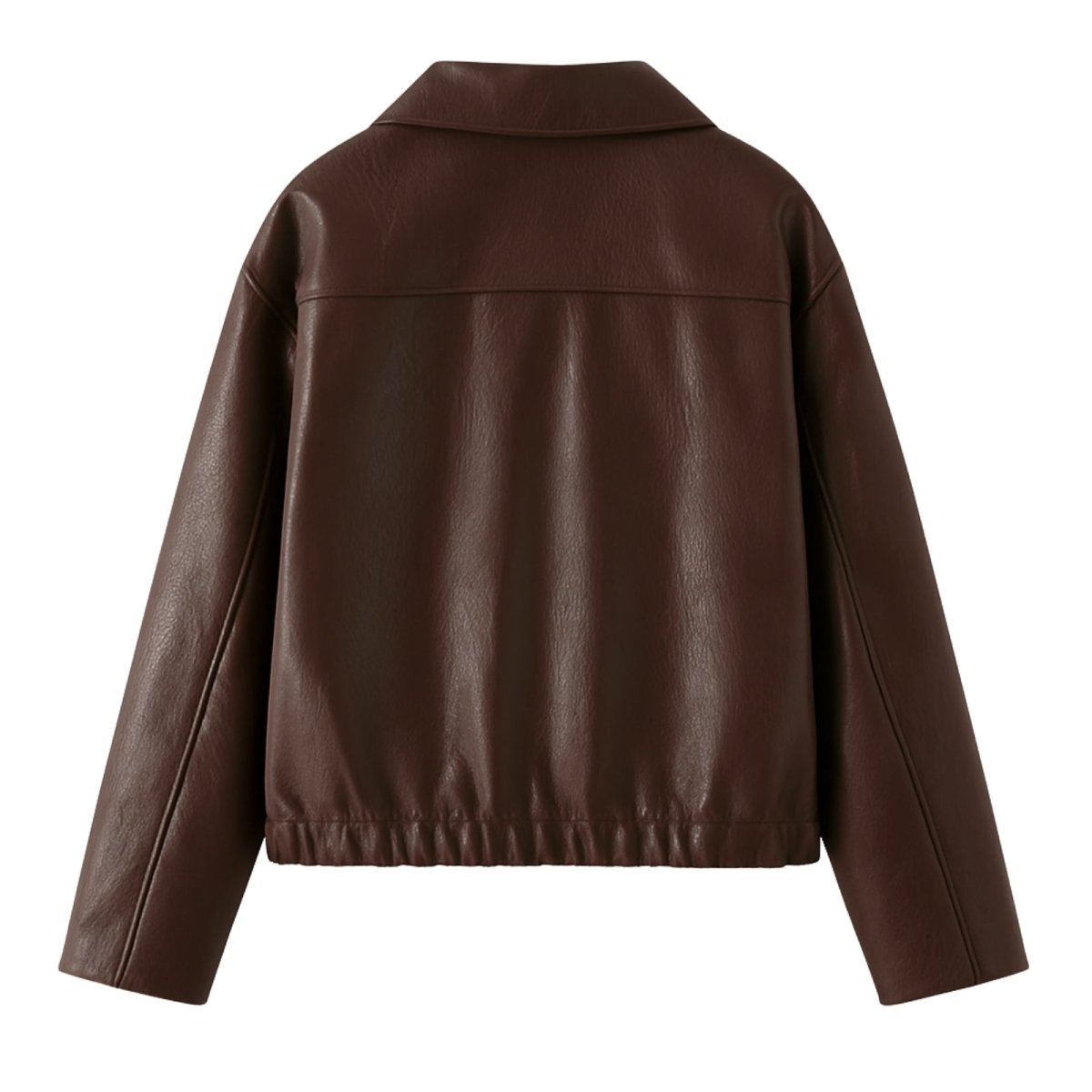 Back view of Les Odettes women's burgundy vegan leather bomber jacket with a smooth finish and classic design.