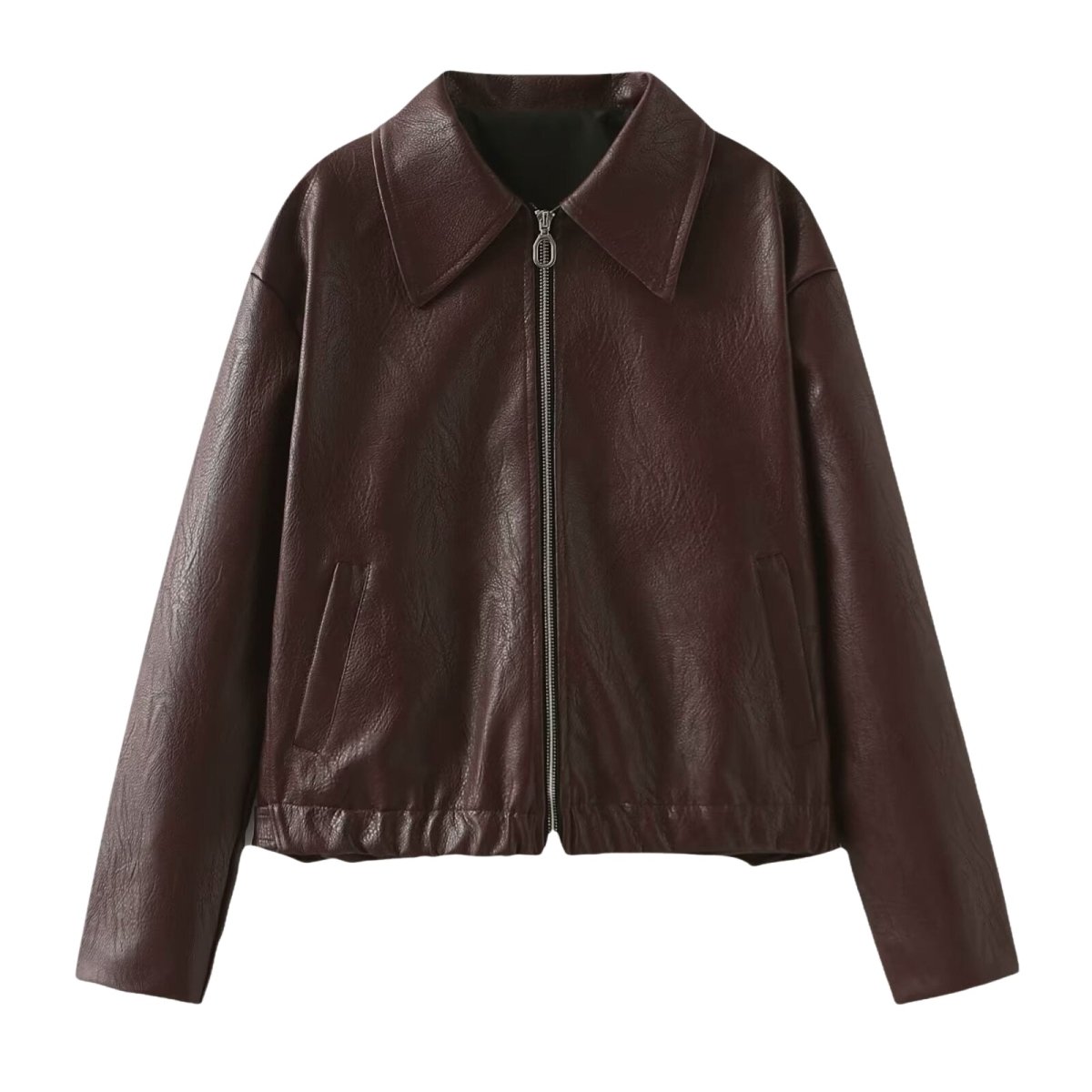 Women’s burgundy vegan leather jacket by Les Odettes, front view showcasing sleek bomber style and smooth faux leather finish.
