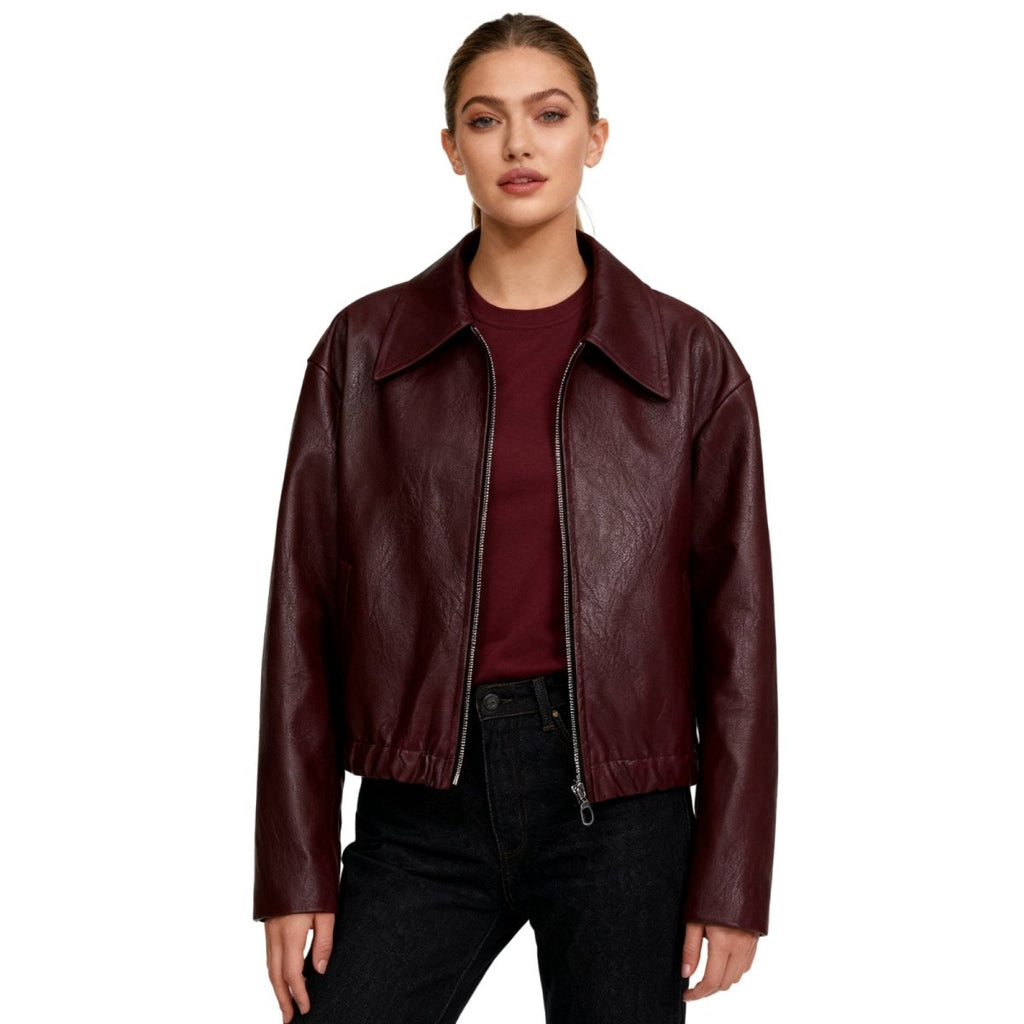 Women's vegan leather jacket by Les Odettes, burgundy faux leather bomber jacket with a stylish fit and classic design.