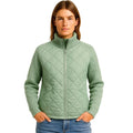Women’s Merino Wool Hybrid Jacket by Les Odettes in sage green, front view showing quilted knit sleeves and stylish design.