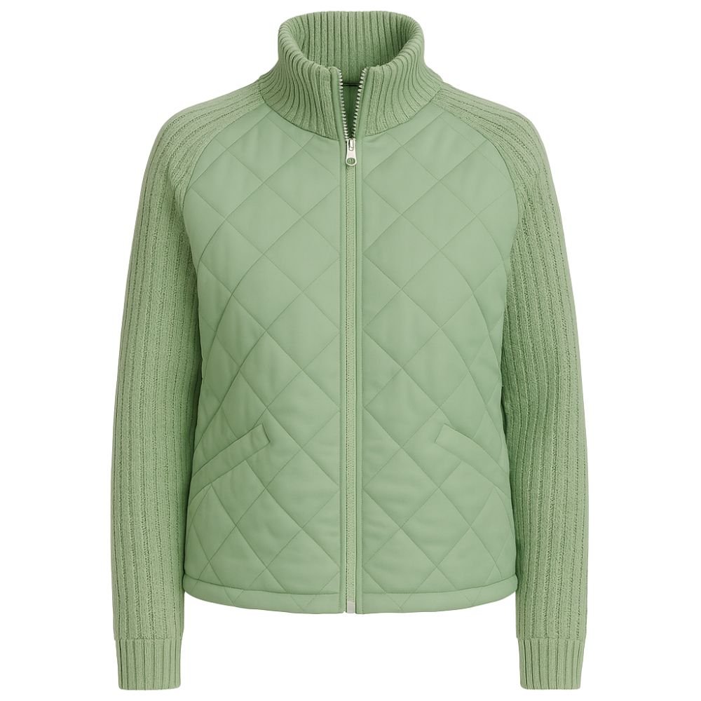 Women’s sage green Merino wool hybrid jacket by Les Odettes, front view showing quilted knit sleeves and stylish design.