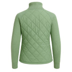 Women’s sage green Merino wool hybrid jacket by Les Odettes, quilted knit sleeves, front view showing stylish and cozy design.