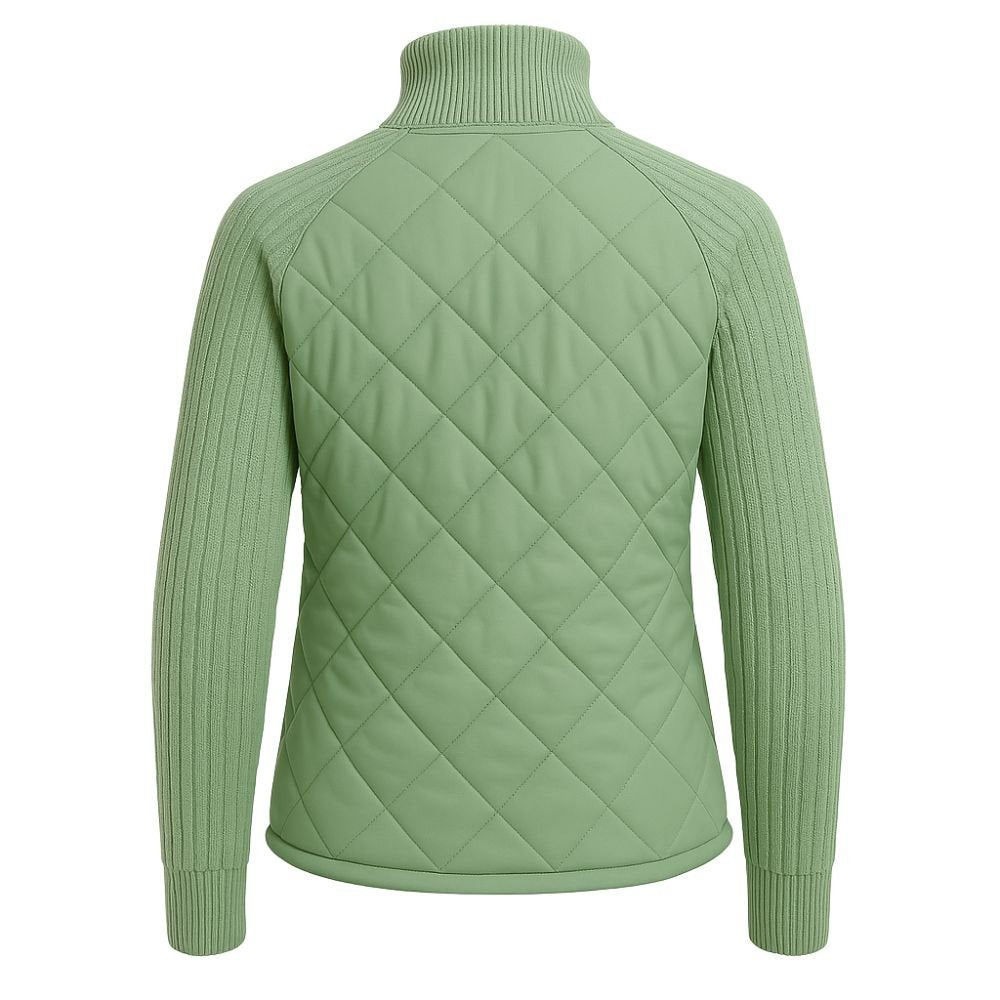 Women’s sage green Merino wool hybrid jacket by Les Odettes, quilted knit sleeves, front view showing stylish and cozy design.