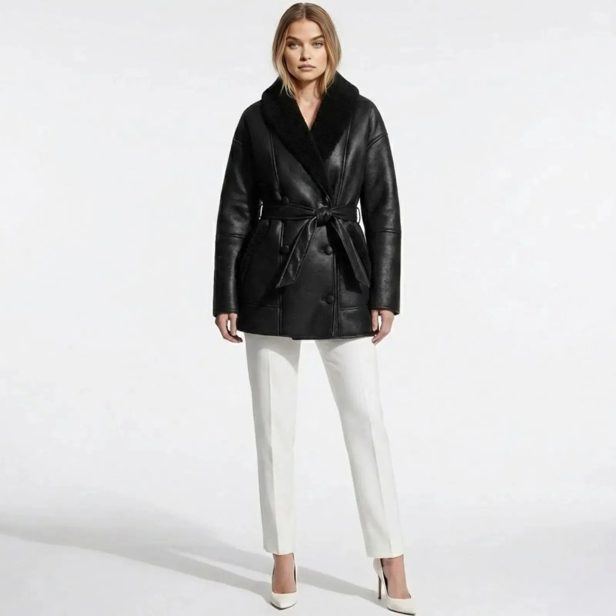 Front view of Les Odettes women's shearling jacket with belted faux shearling aviator style, showcasing cozy collar and front pockets.