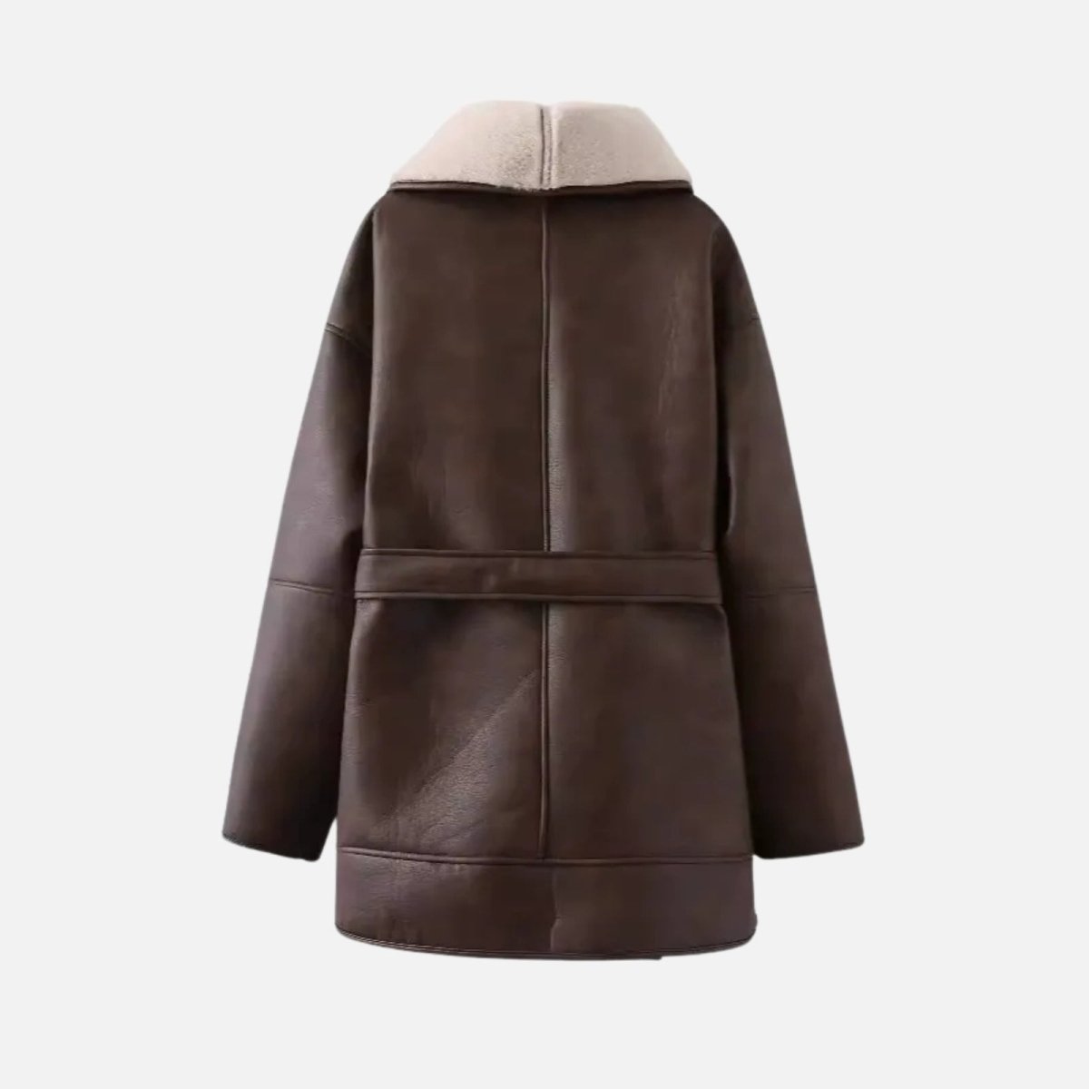 Women’s faux shearling jacket by Les Odettes displayed flat with back view, showcasing soft, plush fabric and stylish design.