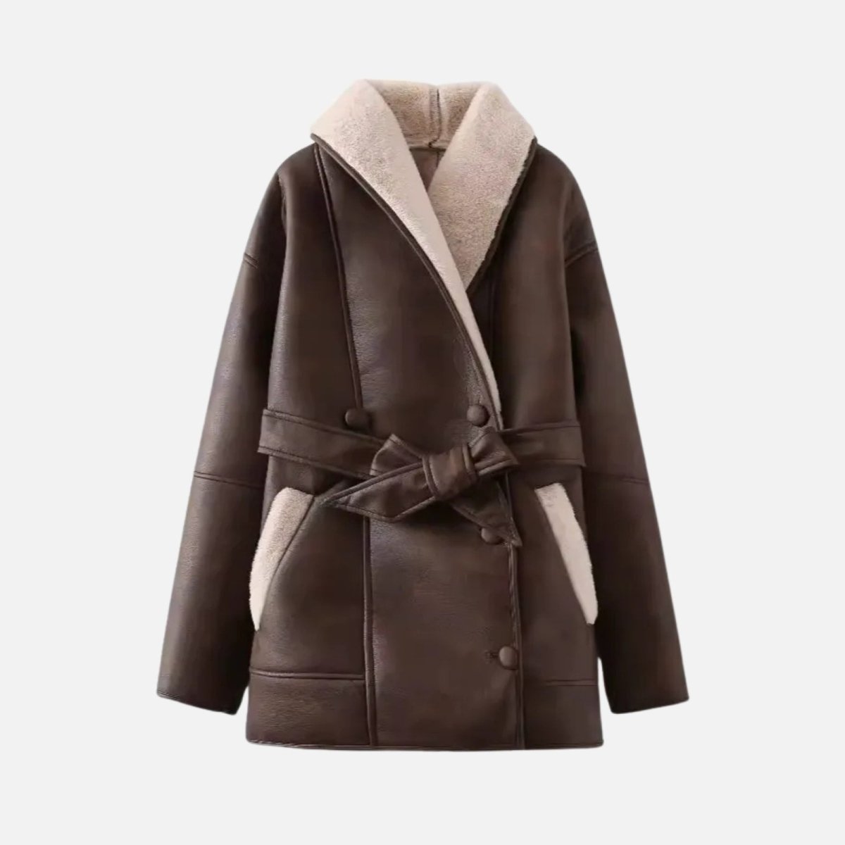 Front view of women’s shearling jacket by Les Odettes, featuring soft faux shearling material and a cozy, stylish design.