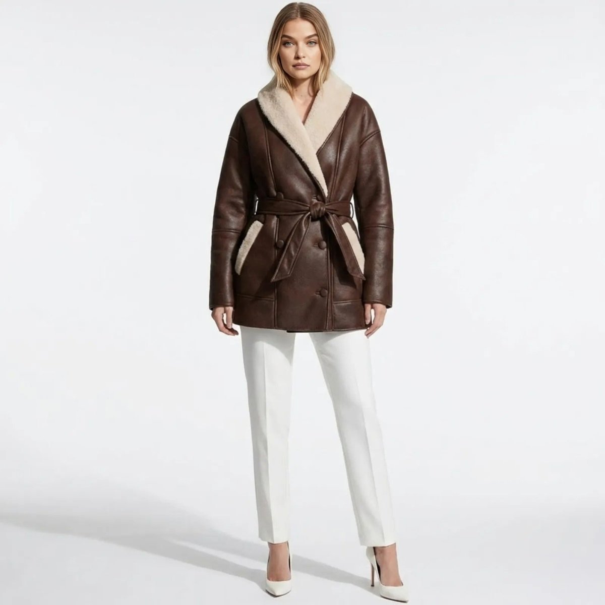 Front view of Les Odettes women’s shearling jacket featuring soft faux shearling material and stylish design.