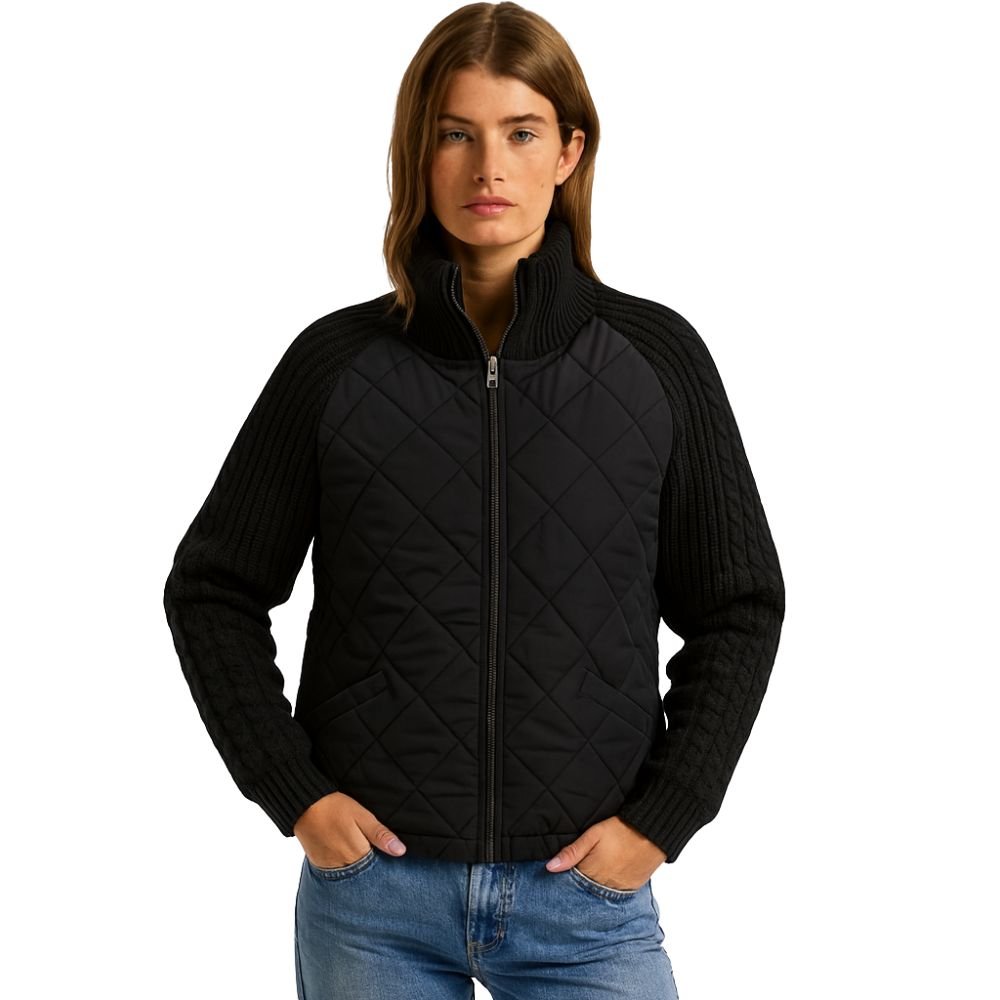 Quilted Hybrid Jacket Knit Sleeves Lightweight Insulated - Black