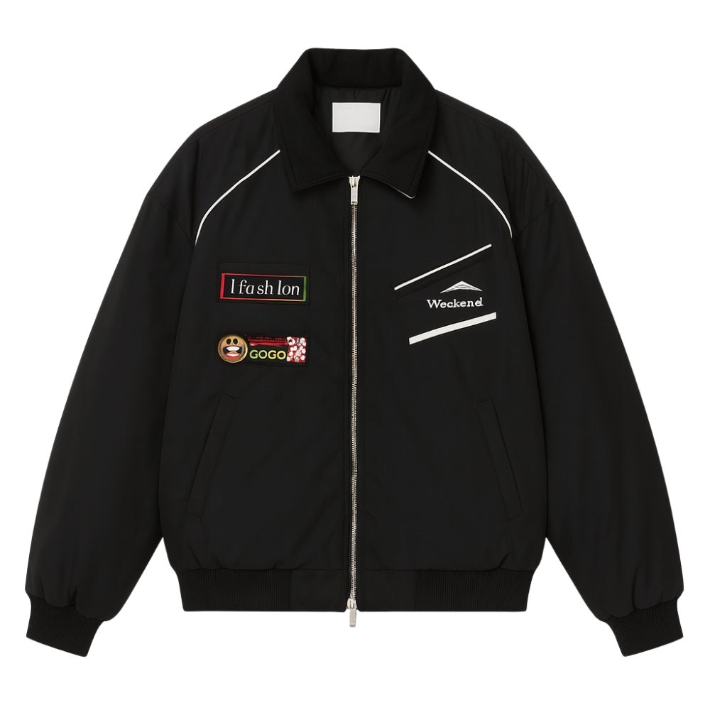 Racing Jacket Padded Nylon Embroidered Streetwear -Black