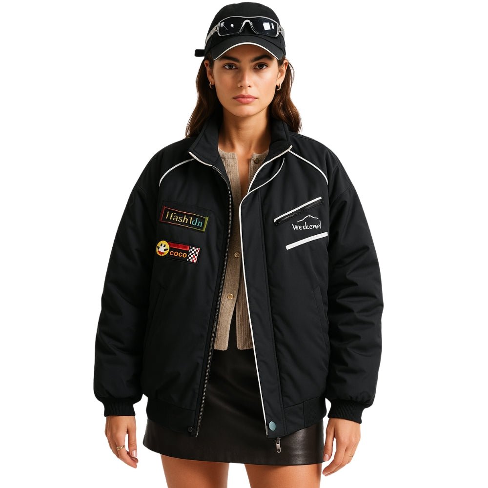 Racing Jacket Padded Nylon Embroidered Streetwear -Black