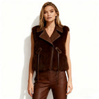 Dark brown women's mink fur vest with leather trim, zip front, structured fit, by Les Odettes.