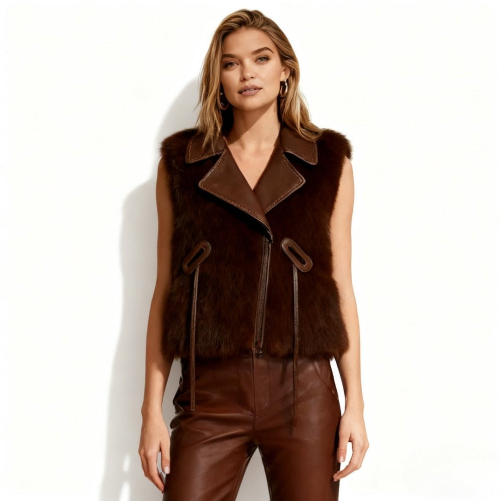 Dark brown women's mink fur vest with leather trim, zip front, structured fit, by Les Odettes.