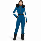 Blue women's Les Odettes waterproof one-piece ski suit with front zipper and stretch fabric, ideal for winter snowboarding and skiing.