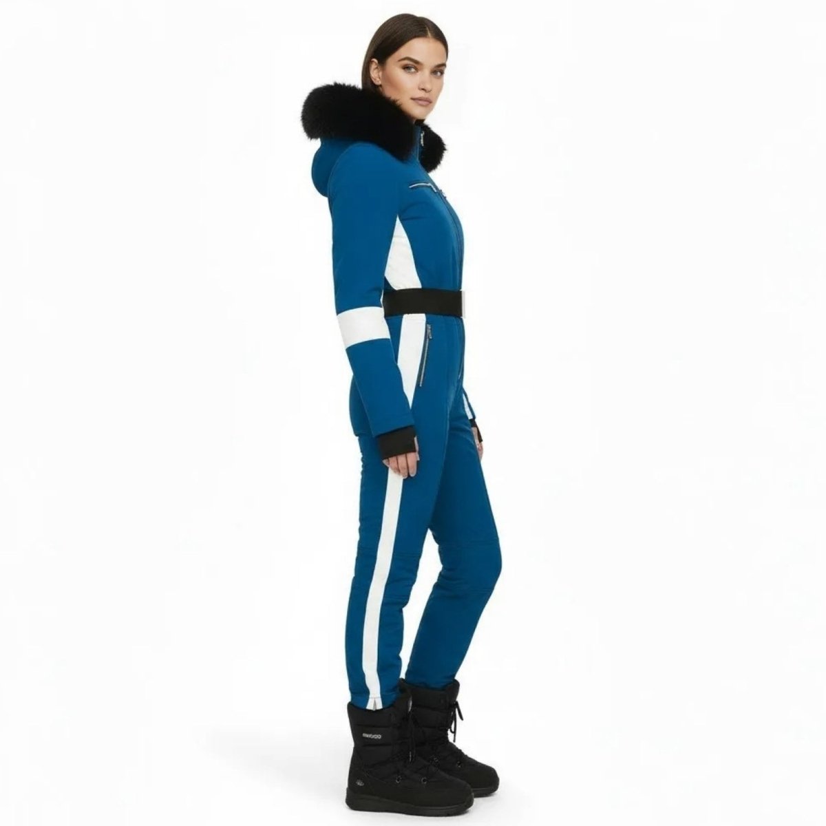 Blue Les Odettes Glamour Ski Suit Monosuit with white stripe sides, designed for women’s winter snowboarding and skiing activities.