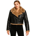 Black women's vegan leather cropped jacket with faux shearling collar, stylish and cozy from Les Odettes.