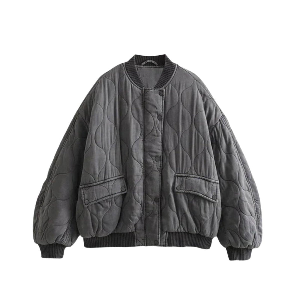 Women’s quilted cotton jacket by Les Odettes, oversized charcoal bomber with lightweight thermal layer and front zipper.