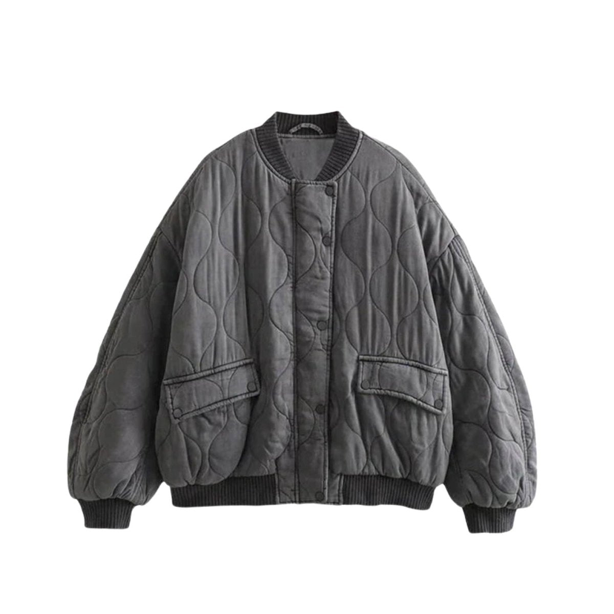 Women’s quilted cotton jacket by Les Odettes, oversized charcoal bomber with lightweight thermal layer and front zipper.
