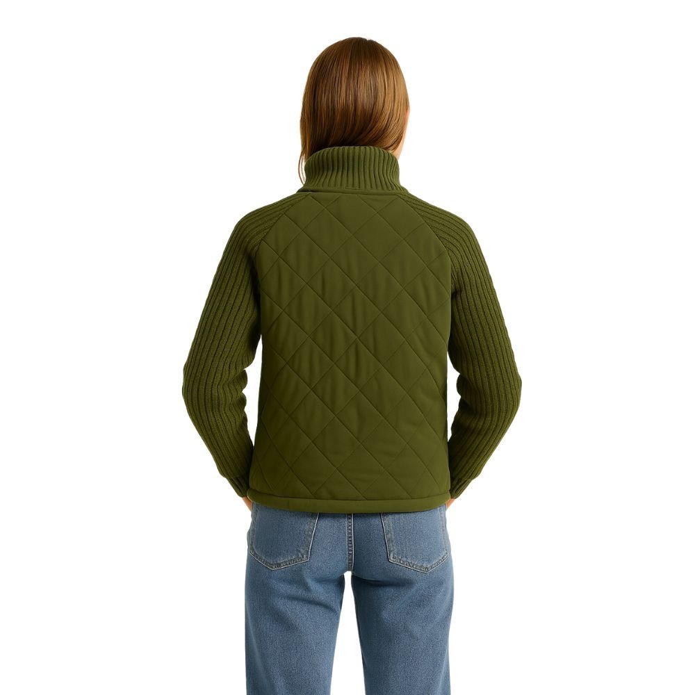 Quilted Hybrid Jacket Knit Sleeves Lightweight Insulated - Army Green